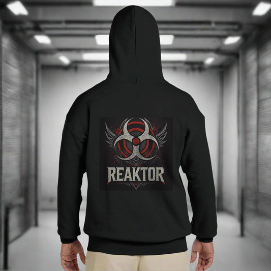 First Black Reaktor Jumper – Hardcore Techno Rave Hoodie with Emblem Logo